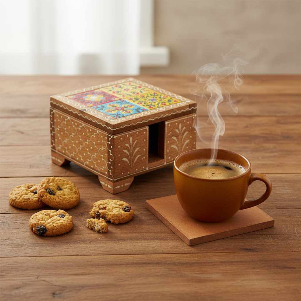 Luxurious Wood & Ceramic Tea/Coffee Coasters Crafts In Set Of 5 By Tamrapatra - Tamrapatra