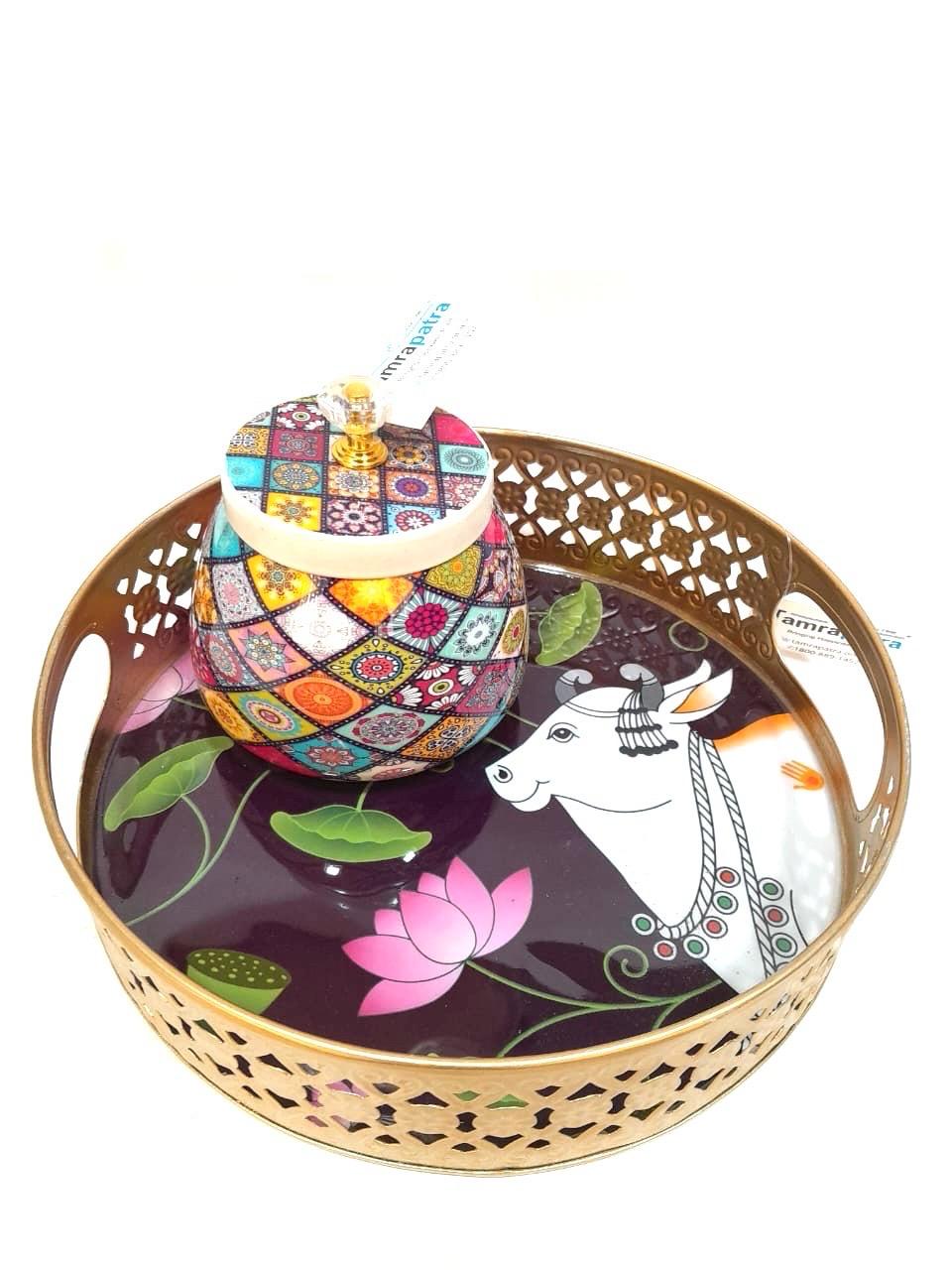 Metal Platters Embossed With Attractive Design Serve Snacks With Handle Tamrapatra