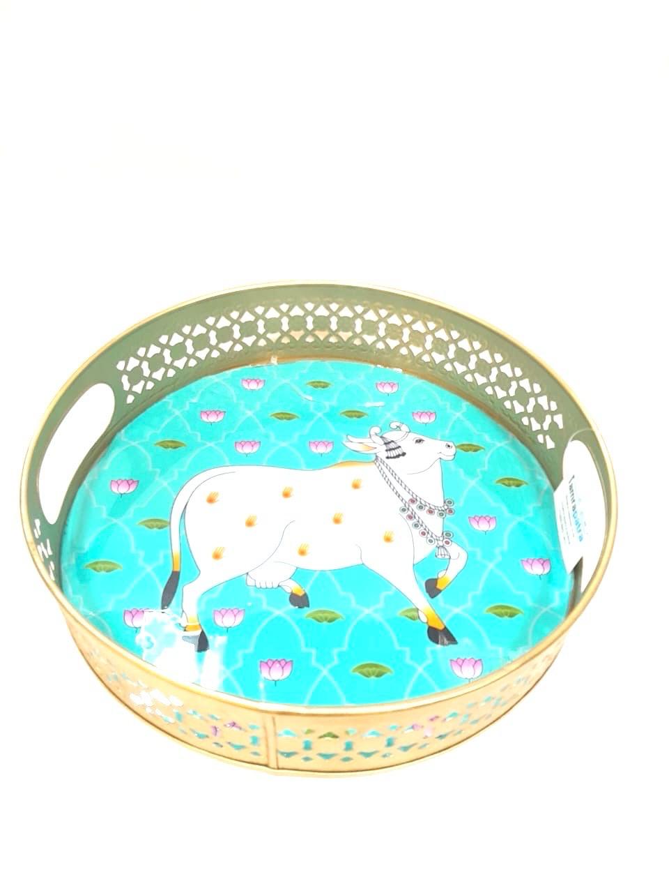 Metal Platters Embossed With Attractive Design Serve Snacks With Handle Tamrapatra