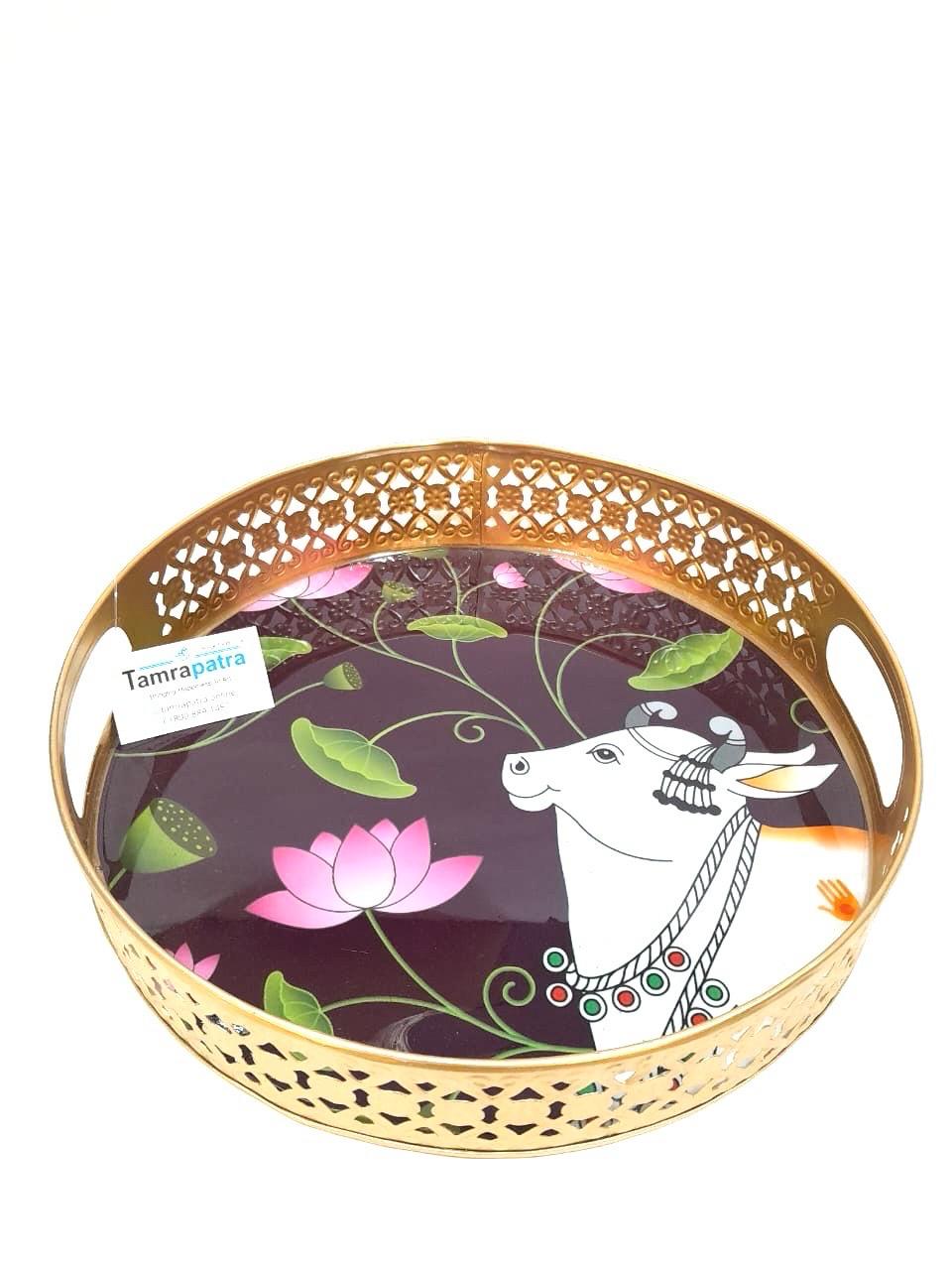 Metal Platters Embossed With Attractive Design Serve Snacks With Handle Tamrapatra