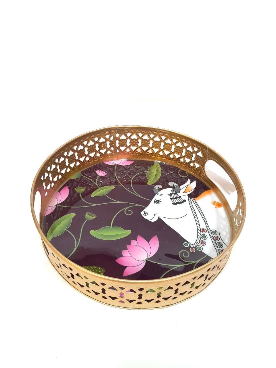 Metal Platters Embossed With Attractive Design Serve Snacks With Handle Tamrapatra