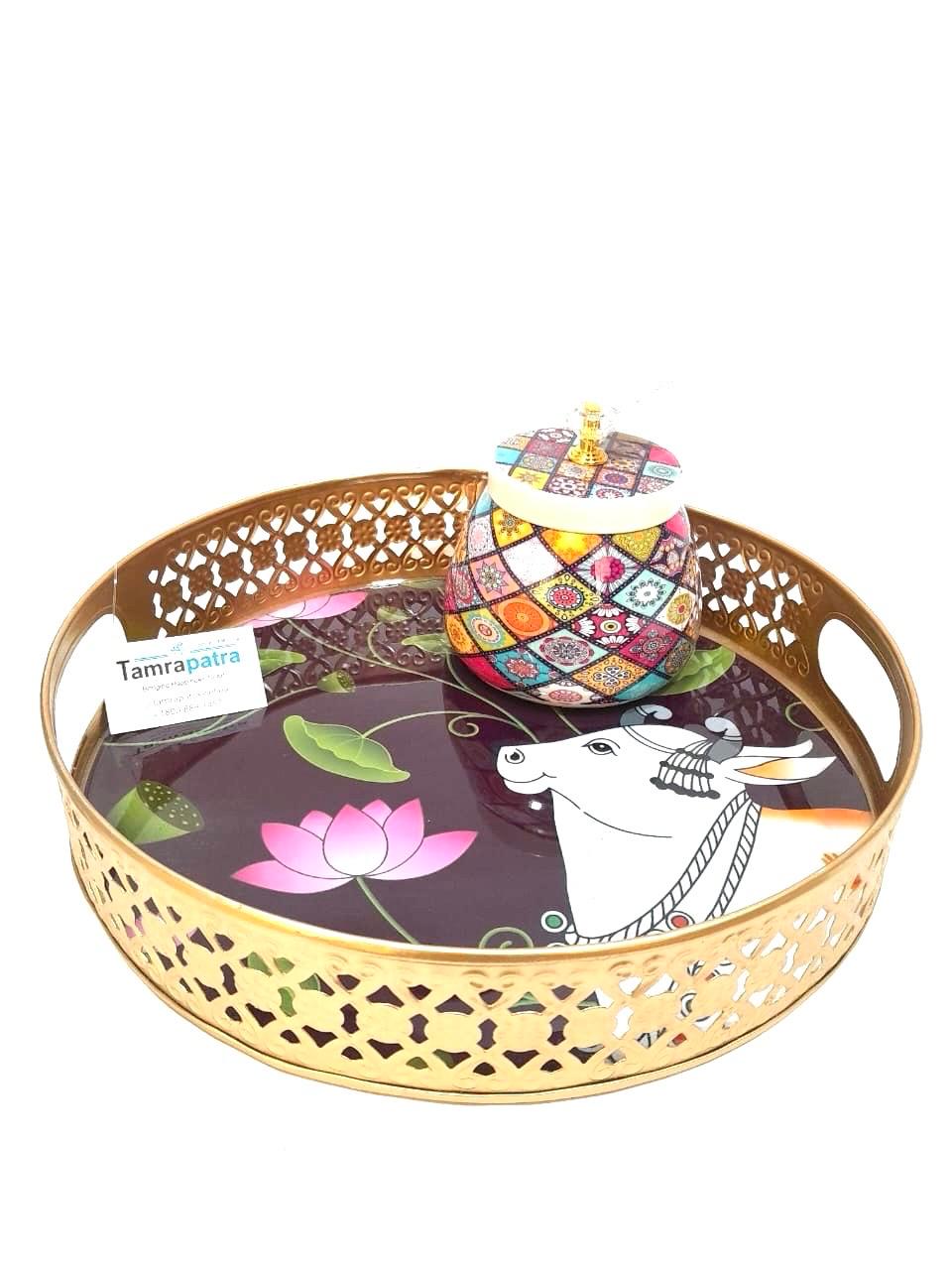 Metal Platters Embossed With Attractive Design Serve Snacks With Handle Tamrapatra