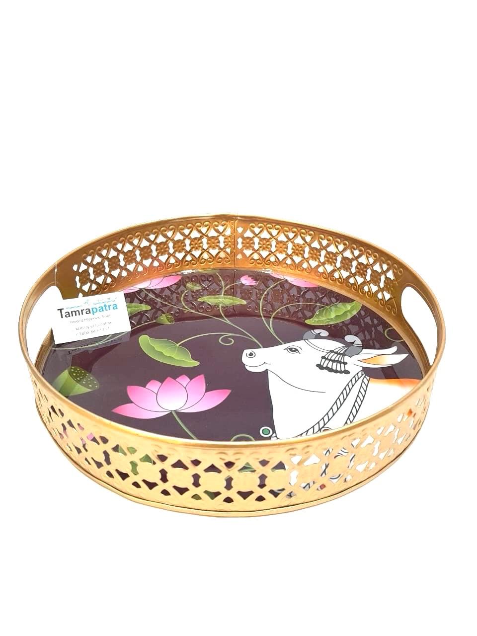 Metal Platters Embossed With Attractive Design Serve Snacks With Handle Tamrapatra