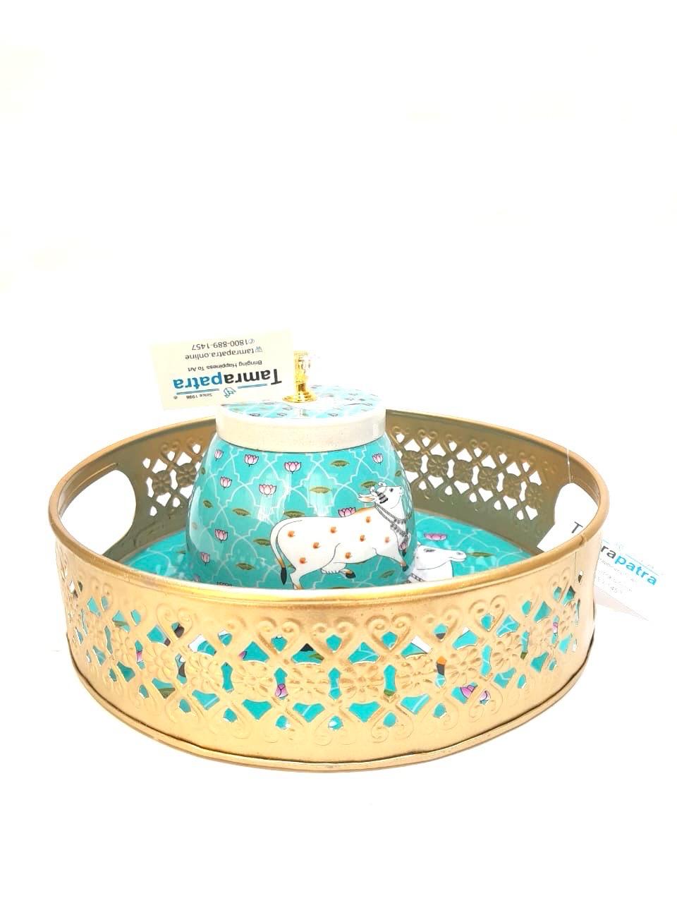 Metal Platters Embossed With Attractive Design Serve Snacks With Handle Tamrapatra