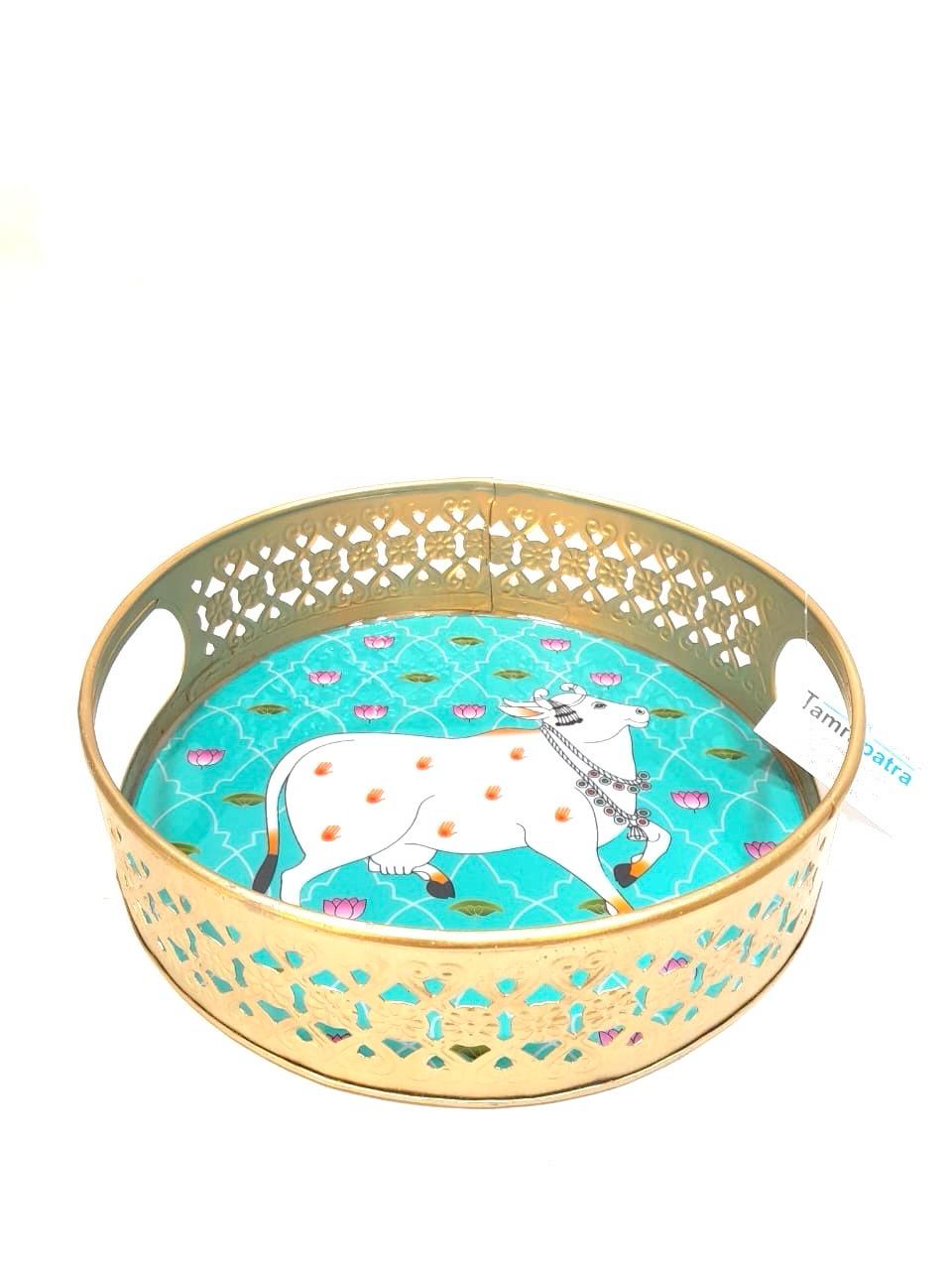 Metal Platters Embossed With Attractive Design Serve Snacks With Handle Tamrapatra