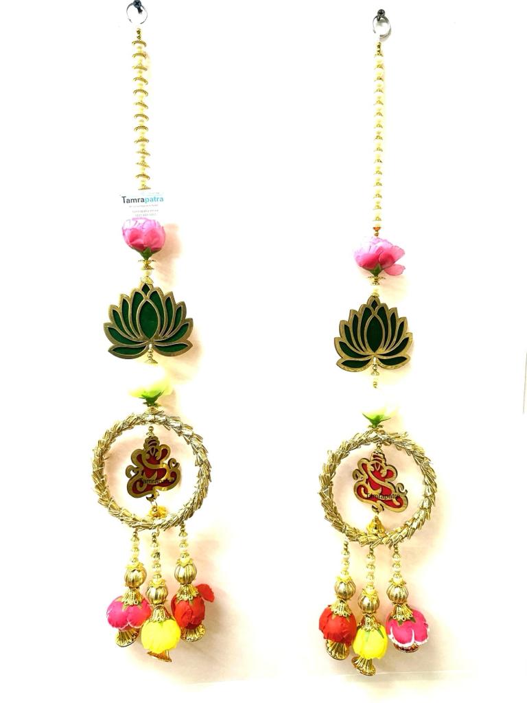 Lotus Hangings With Spiritual Ganesh In Ring Artwork Set Of 2 Gifting Tamrapatra