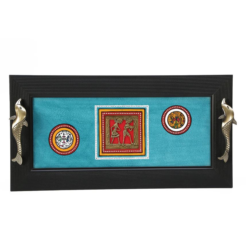 Ocean Blue Hand Painted Classic Wooden Tray & Fish Brass Handles By Tamrapatra
