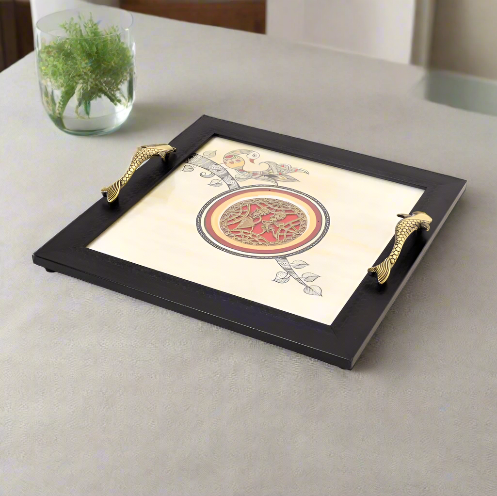 Dhokra Art Wooden Tray With Unique Fish Handles Handcrafted In India Tamrapatra - Tamrapatra