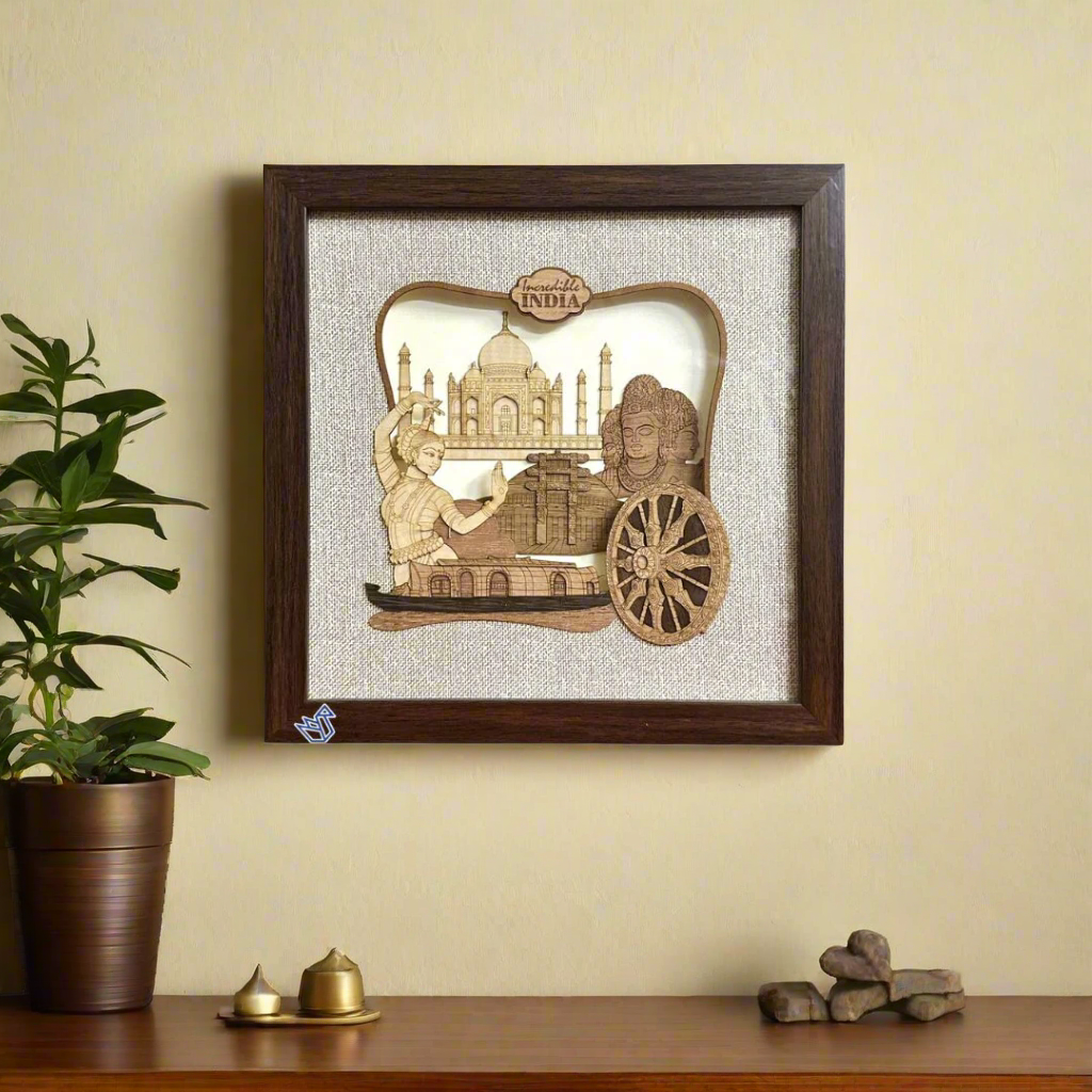 Decorative wall art with a wooden frame featuring a design of a chariot and a temple, on a white background.