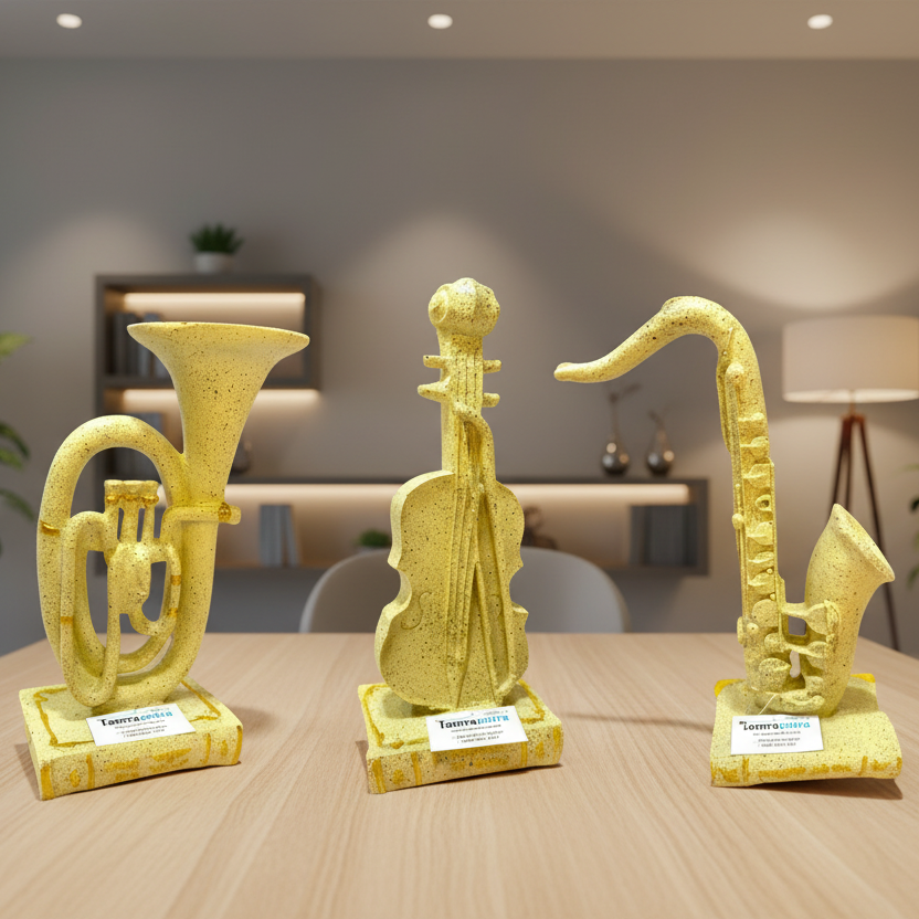 Three decorative items shaped like musical instruments on stands with labels.