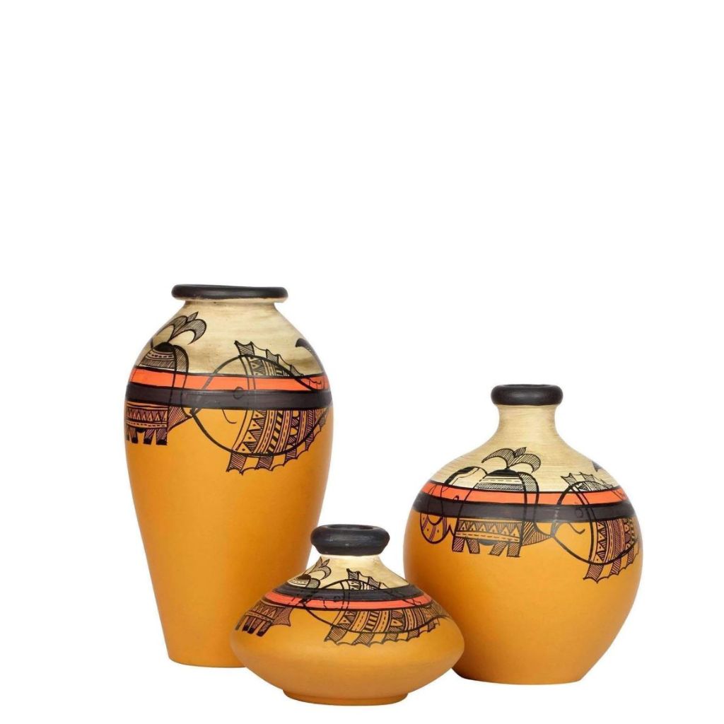 Pottery Madhubani Round With Neck Designer Mustard Terracotta Pots By Tamrapatra
