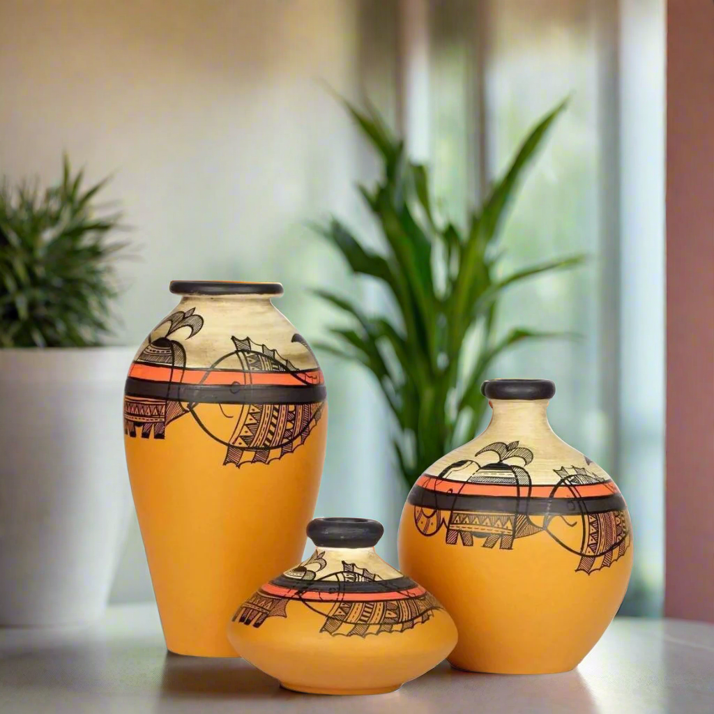 Pottery Madhubani Round With Neck Designer Mustard Terracotta Pots By Tamrapatra
