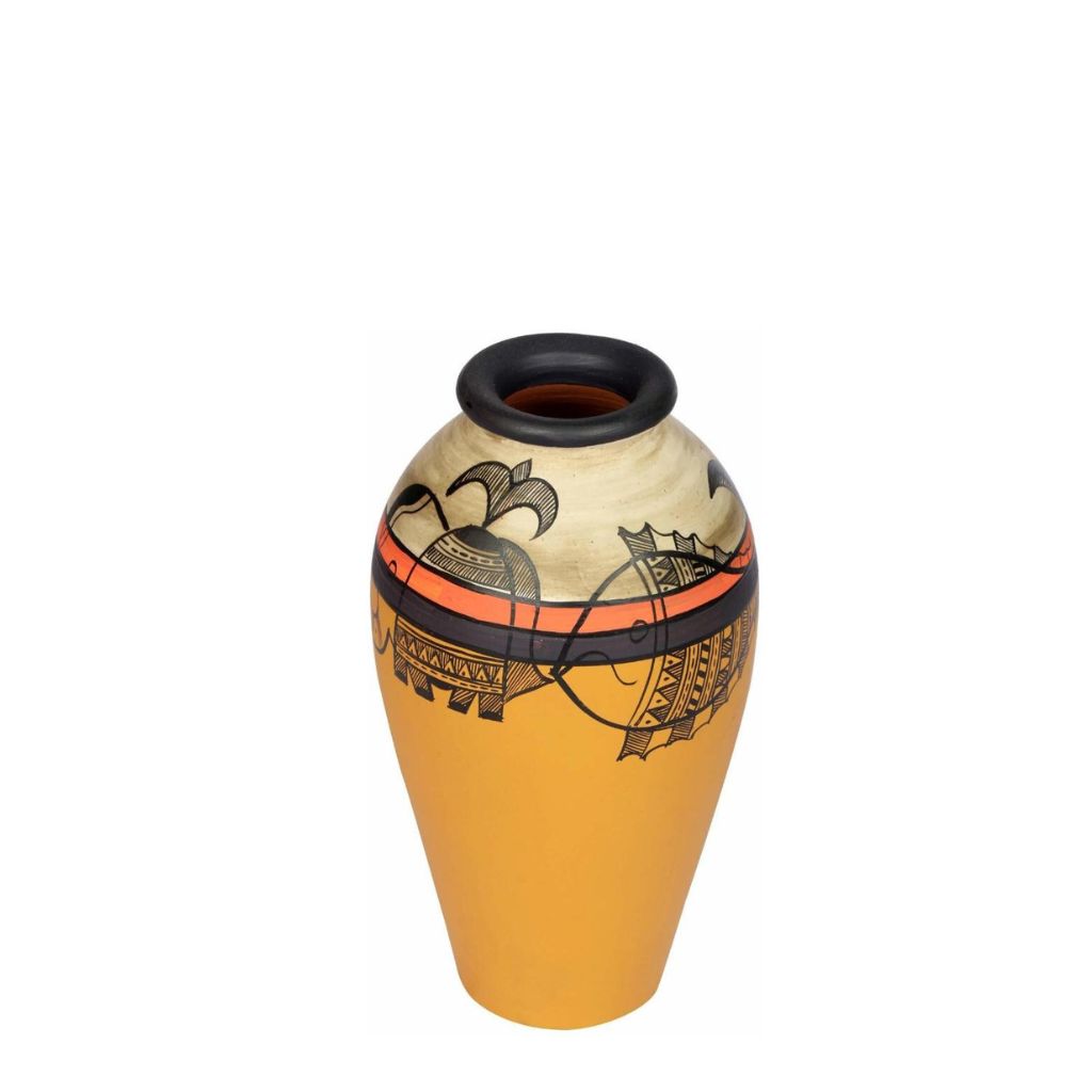 Pottery Madhubani Round With Neck Designer Mustard Terracotta Pots By Tamrapatra