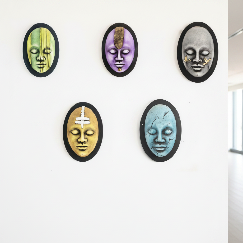 Set of six oval-shaped face masks in different colors on a white background