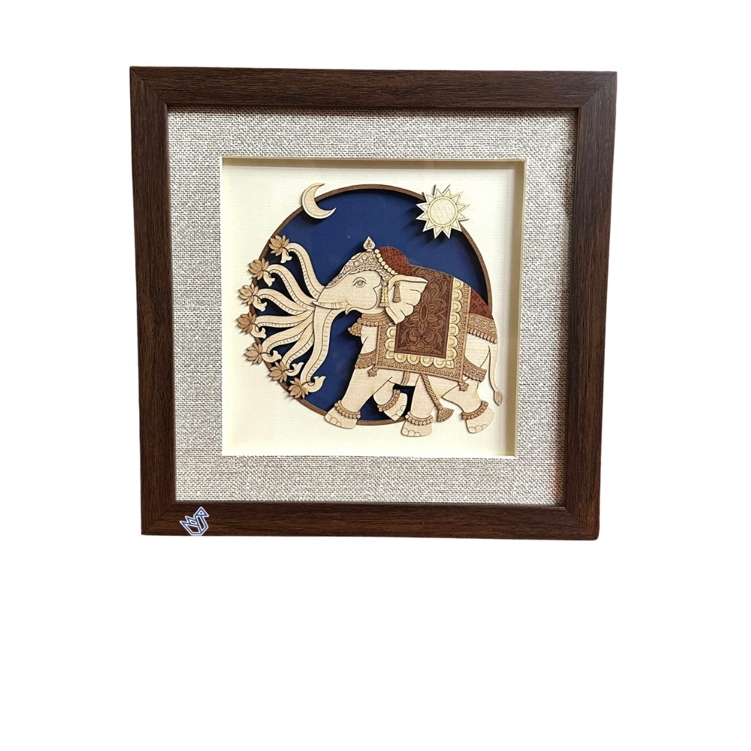 Airavata "King Of Elephants" With 7 Trunks Divine Wooden Art Wall Frame Tamrapatra
