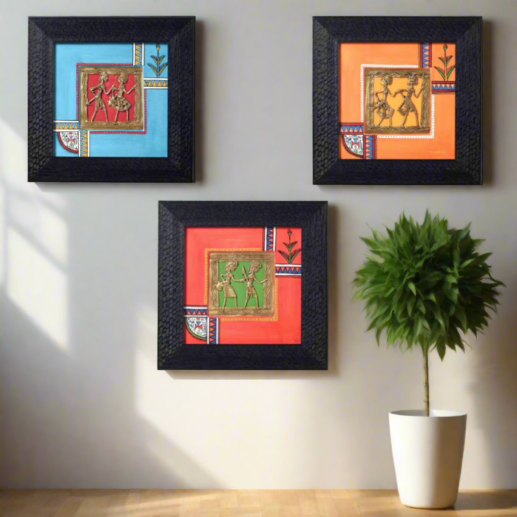 Three framed artworks with colorful designs on a white background