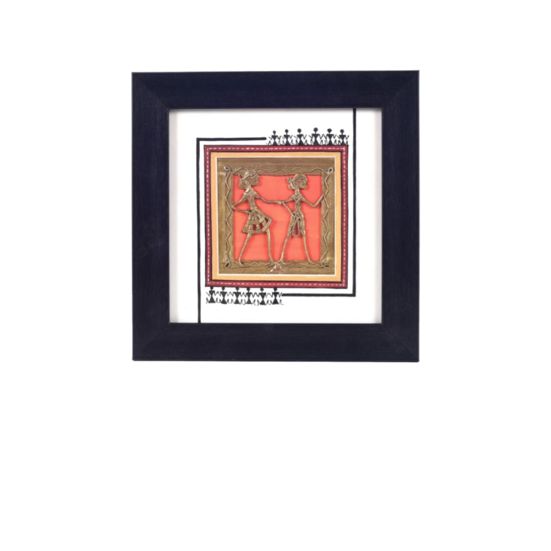White Orange 2 Dhokra Figure In Classy Black Frame Wall Hangings By Tamrapatra