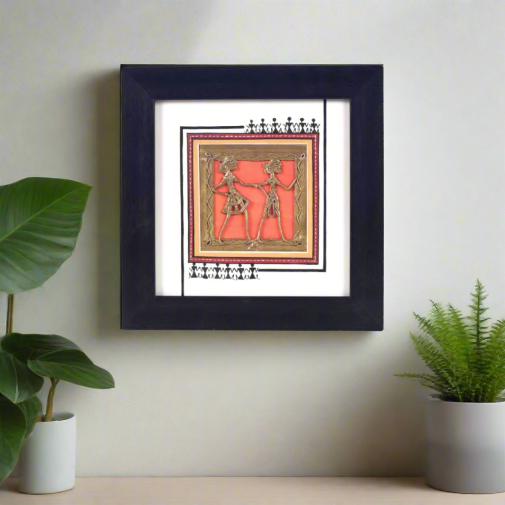Framed artwork with two figures on a white background