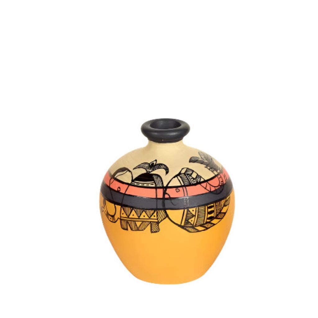 Pottery Madhubani Round With Neck Designer Mustard Terracotta Pots By Tamrapatra