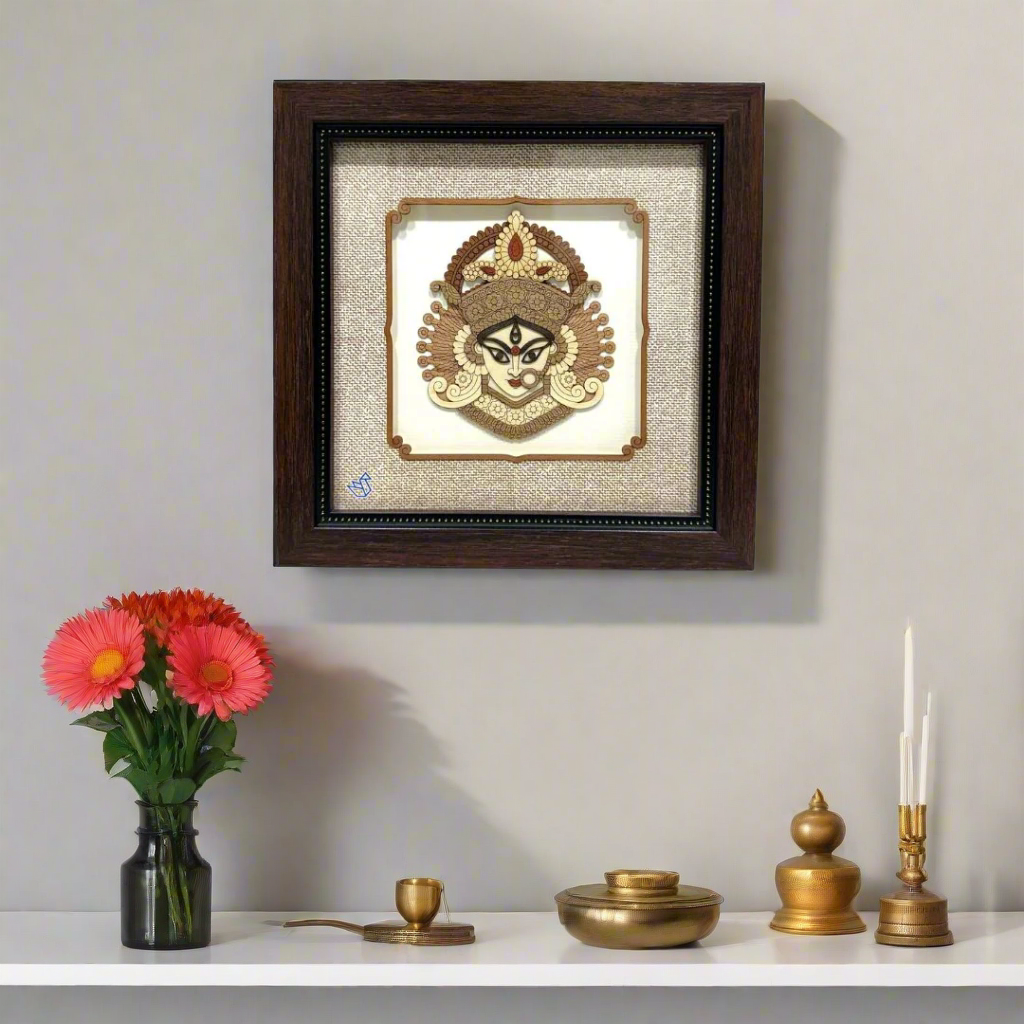 Decorative wall art with a central emblem in a wooden frame on a white background