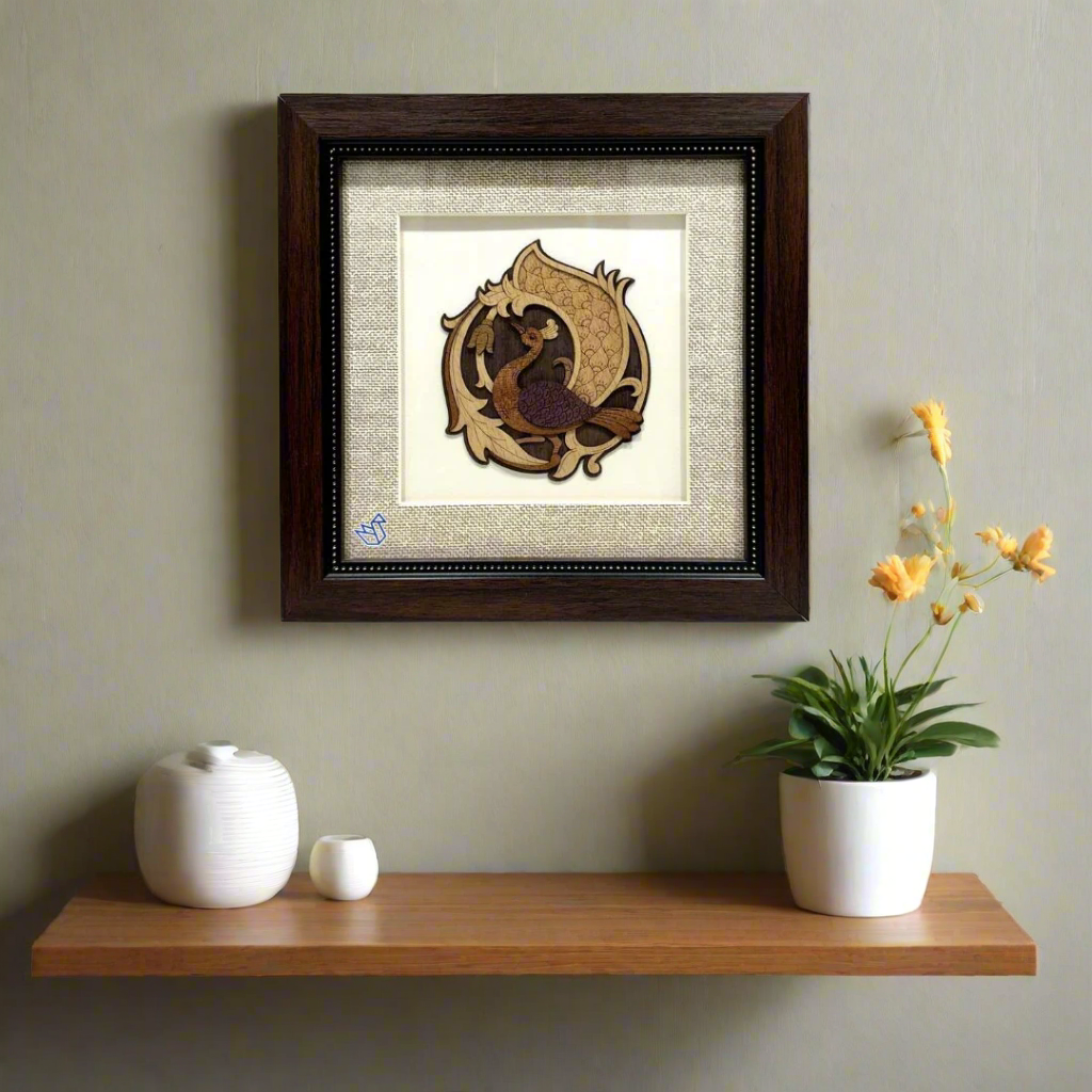 Framed artwork of a stylized dragon design on a white background