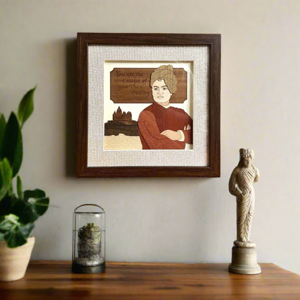 Framed artwork of a person with text and architectural elements on a white background