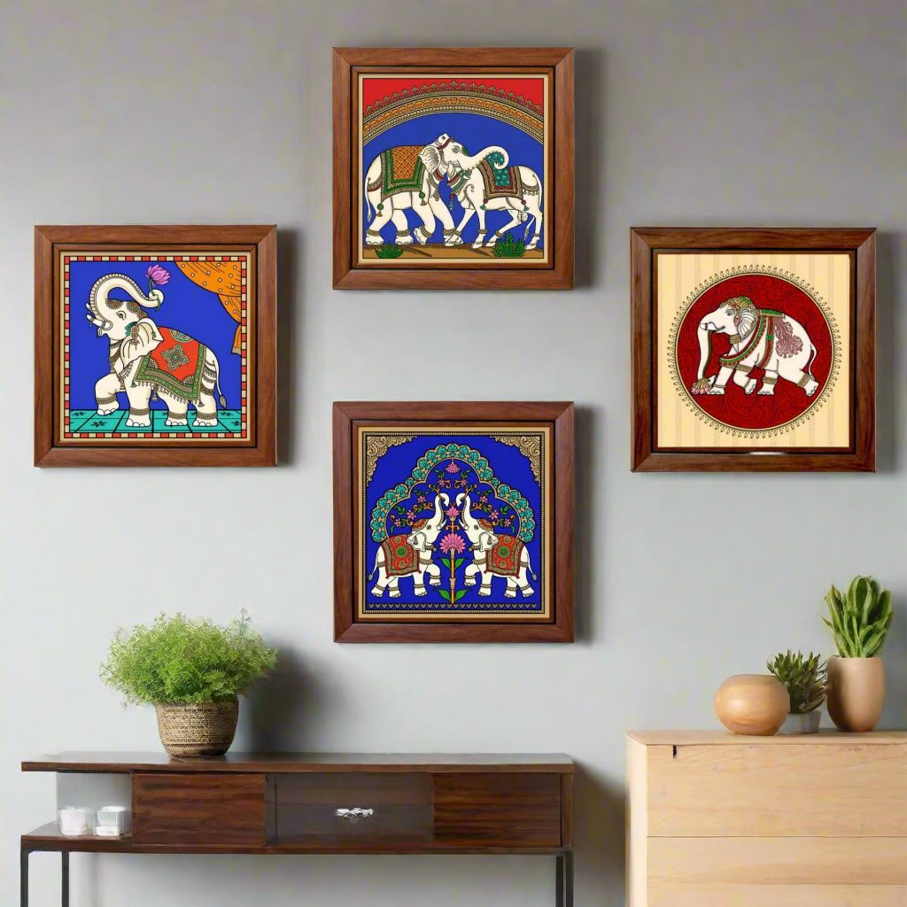 Paintings On Reverse Glass Tanjore Tales Elephant Cow Design Wall Art Tamrapatra