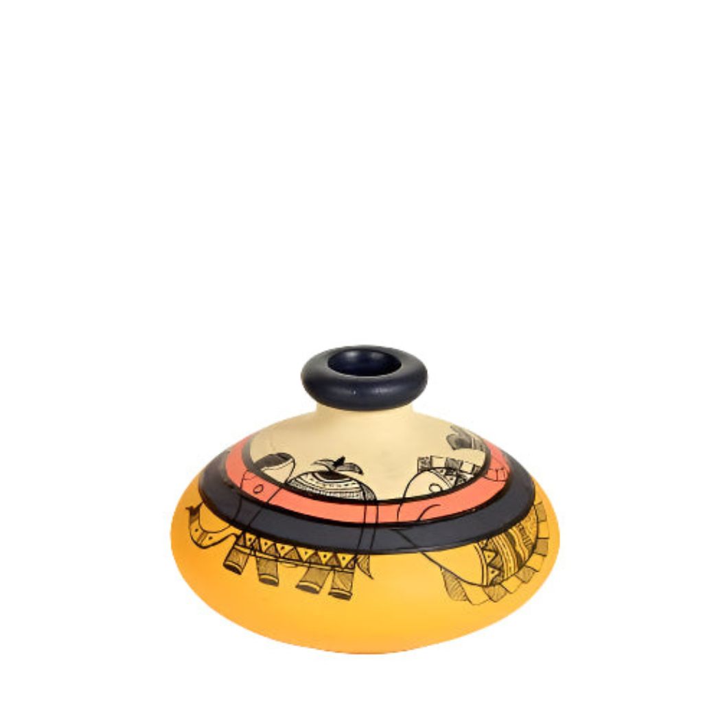 Pottery Madhubani Round With Neck Designer Mustard Terracotta Pots By Tamrapatra