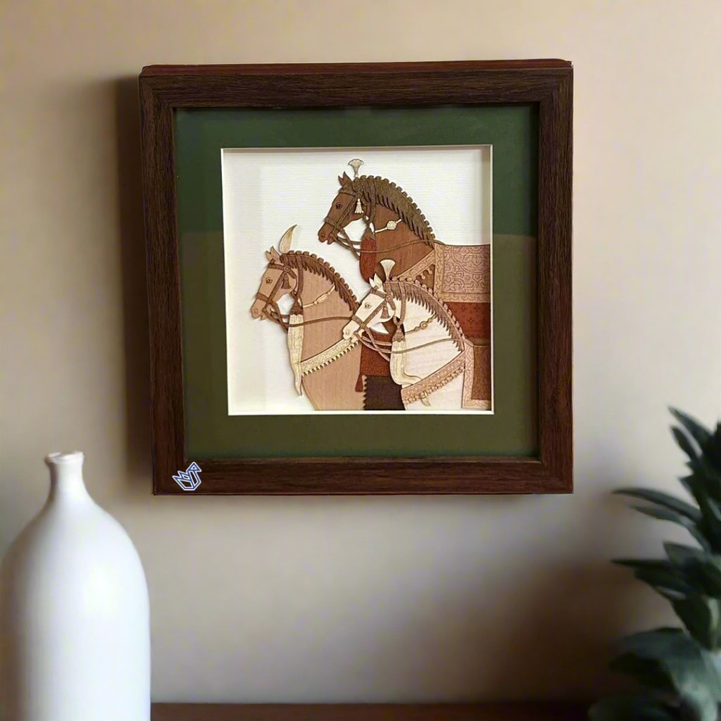 Framed artwork of two horses on a white background