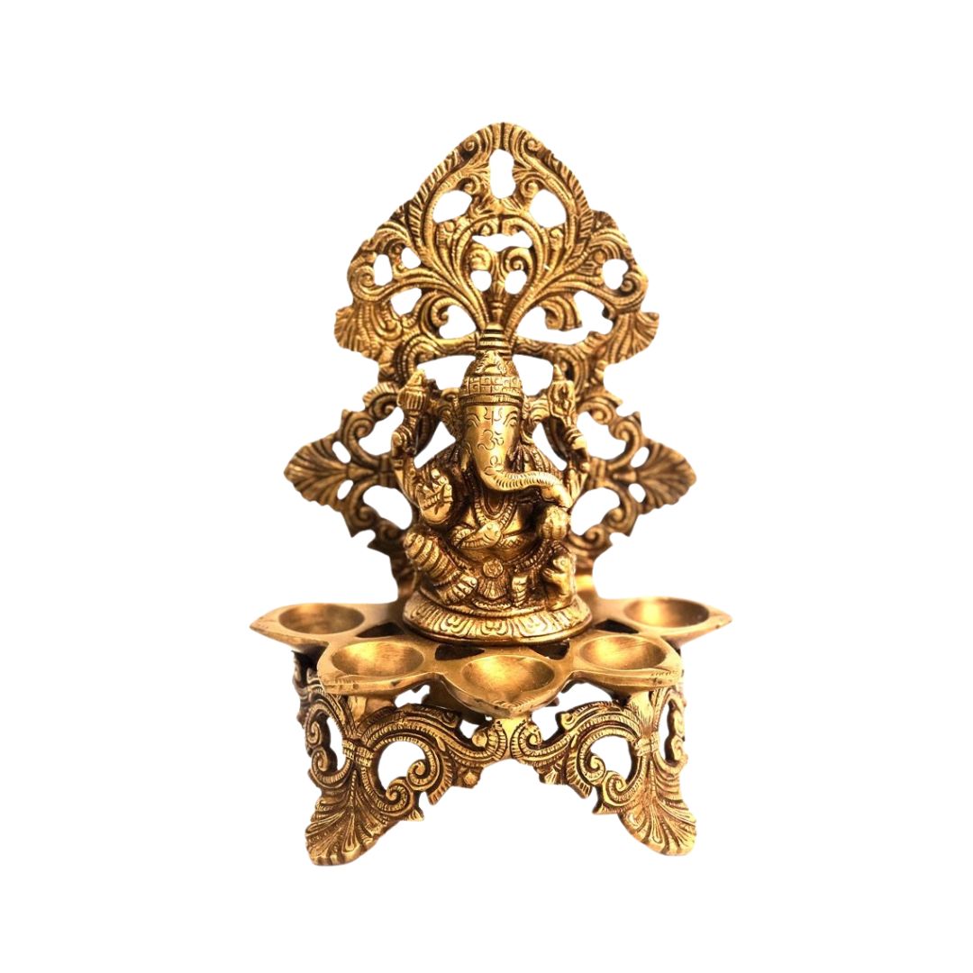 Divine Lord Ganesha Idol With Diya's In Brass Best Quality From Tamrapatra