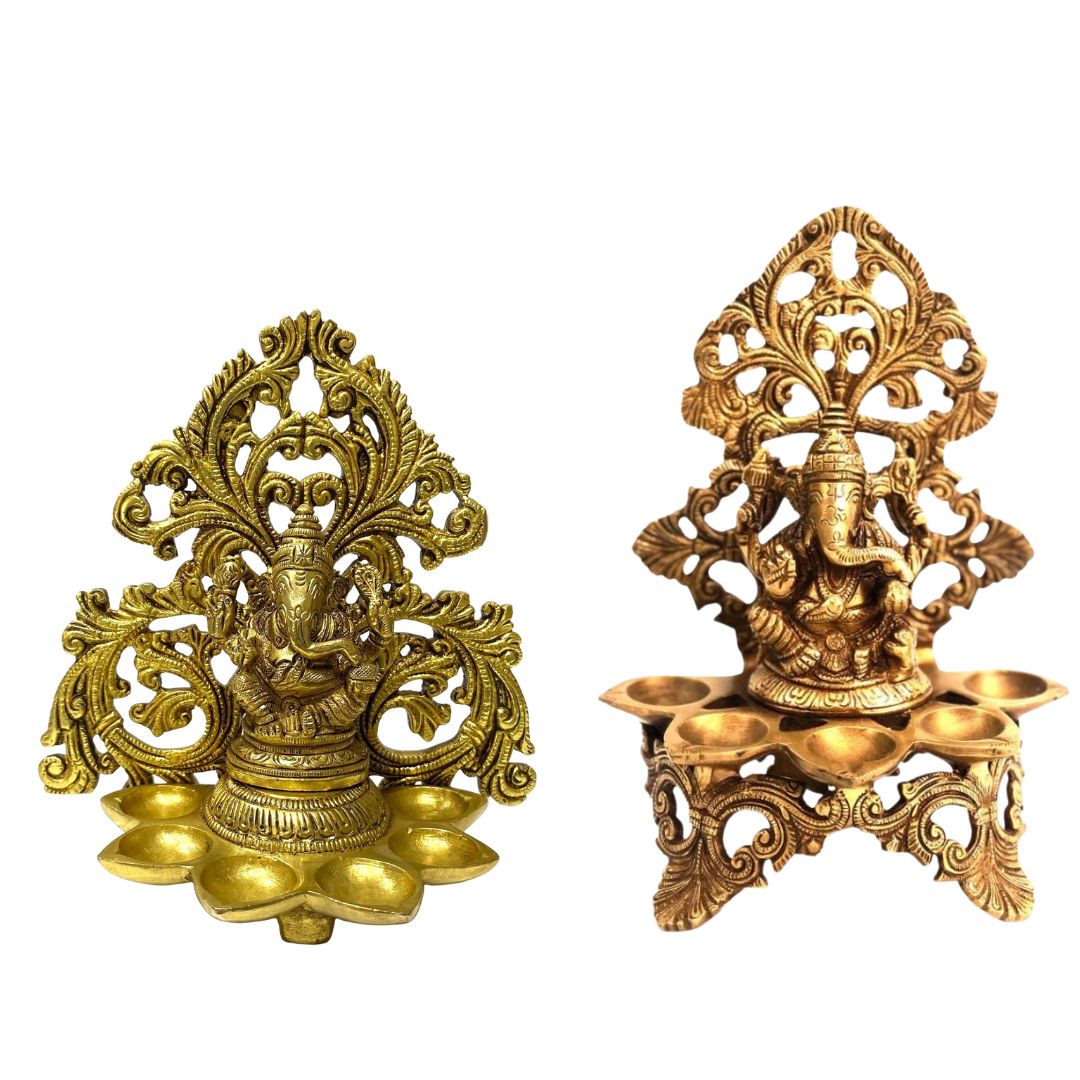 Divine Lord Ganesha Idol With Diya's In Brass Best Quality From Tamrapatra