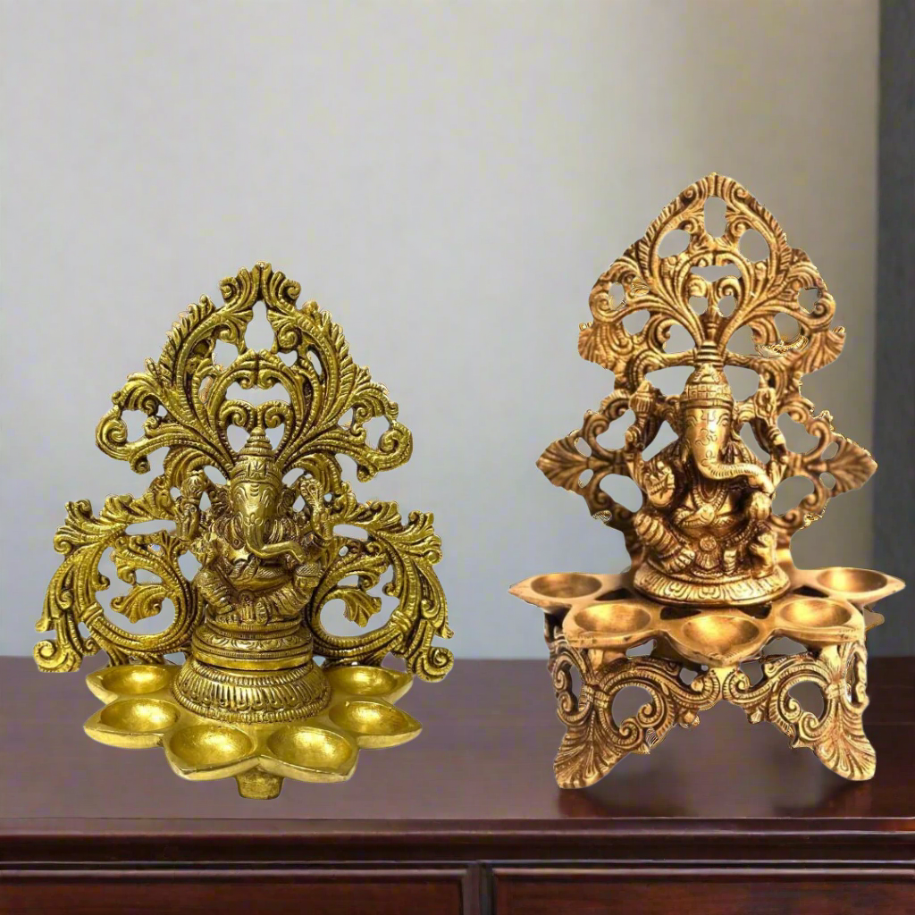 Divine Lord Ganesha Idol With Diya's In Brass Best Quality From Tamrapatra