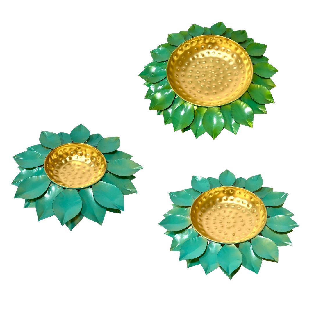 Cyan Blue Green With Golden Touch Unique Shaded Lotus Urli Metal By Tamrapatra