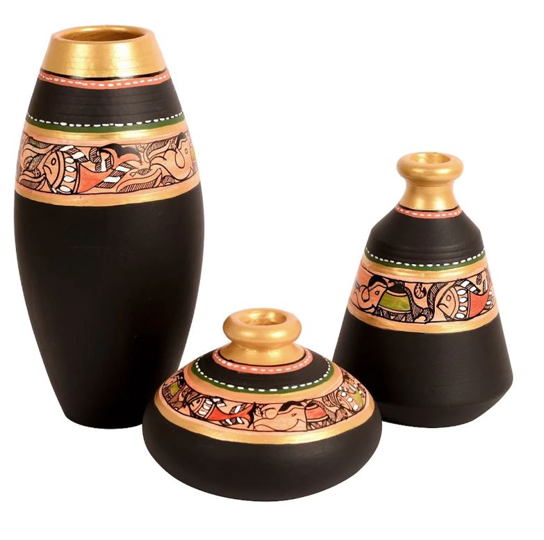 Luxury Earthen Pots Madhu Bani Designed Black Shade In 3 Shapes By Tamrapatra