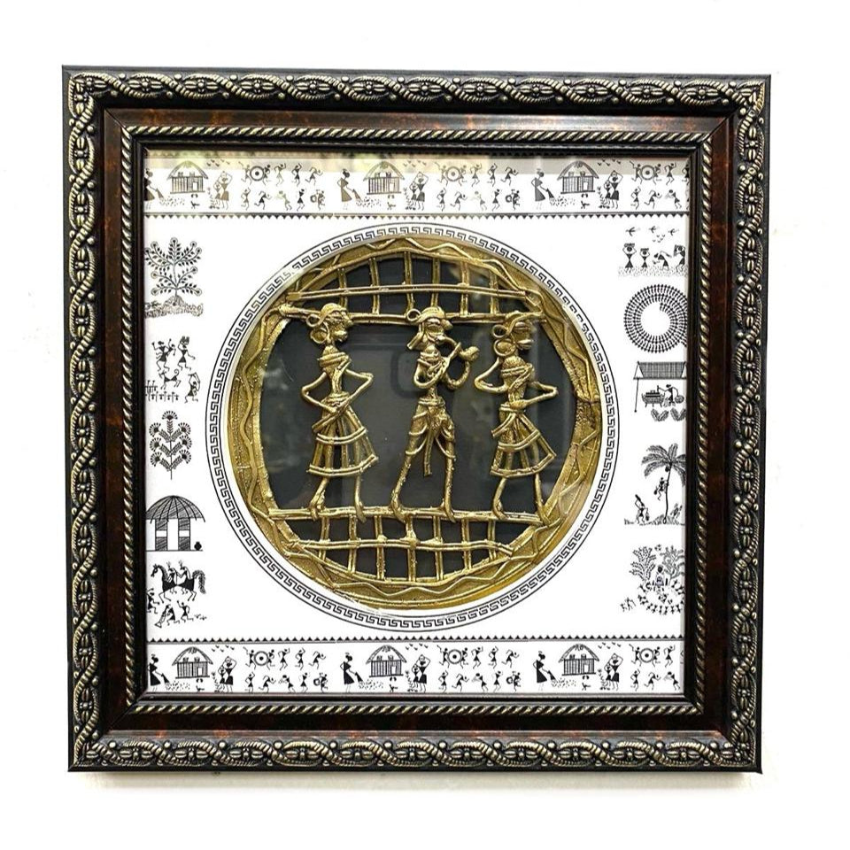 Modern Warli Art Fused Dhokra Figure Frame Hanging Antique Style By Tamrapatra - Tamrapatra