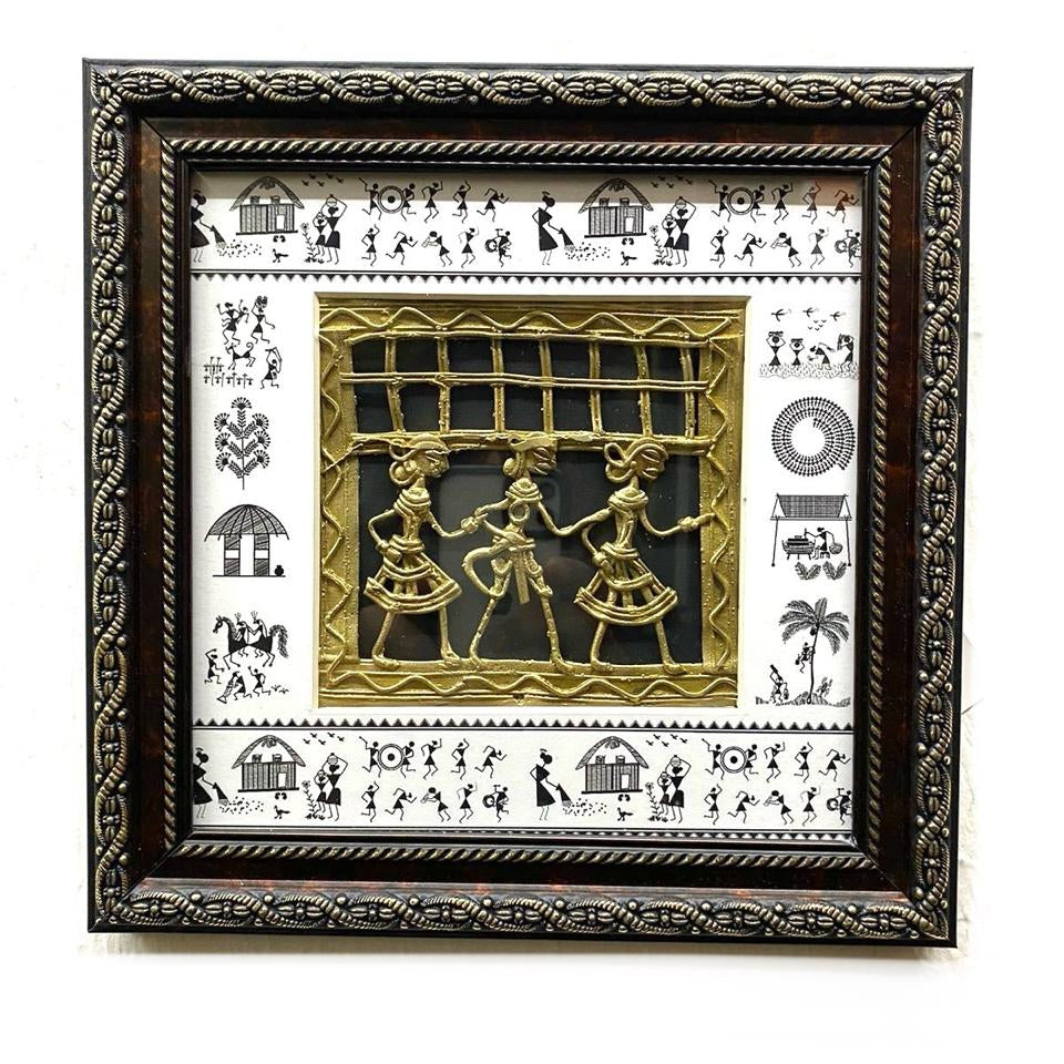 Modern Warli Art Fused Dhokra Figure Frame Hanging Antique Style By Tamrapatra - Tamrapatra
