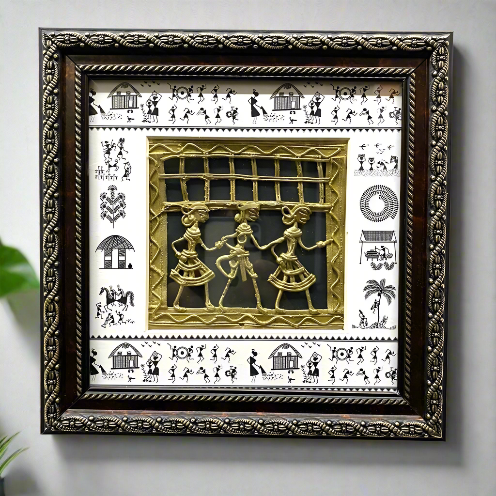 Modern Warli Art Fused Dhokra Figure Frame Hanging Antique Style By Tamrapatra - Tamrapatra