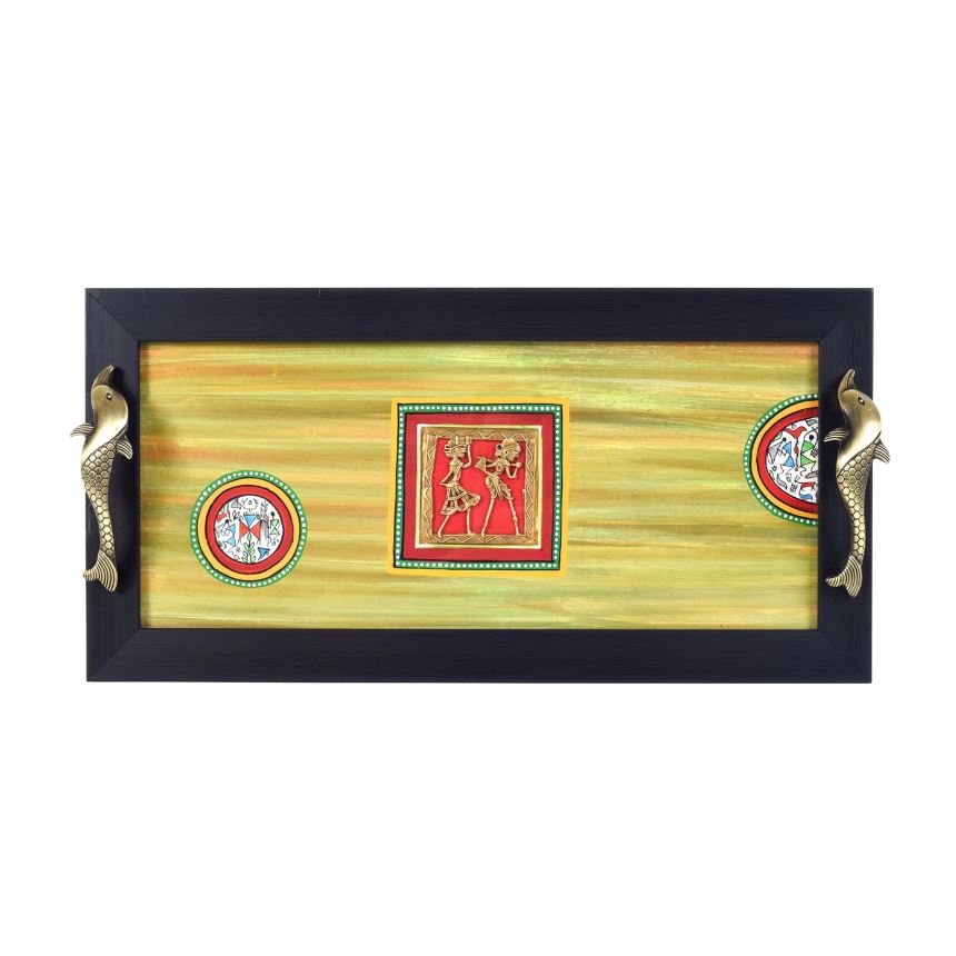 Elegant Tray Hand Painted Selection Yellow Green & Brass Fish Handle By Tamrapatra