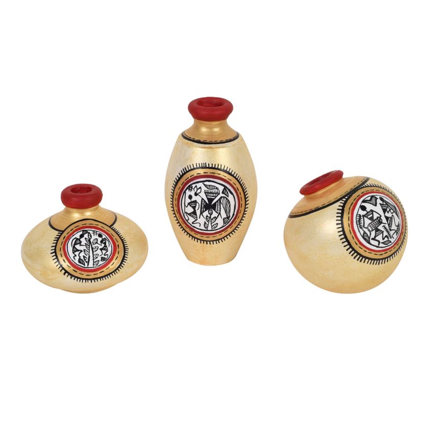Fine Warli Pots Set Of 3 With Various Design & Colors Exclusively From Tamrapatra