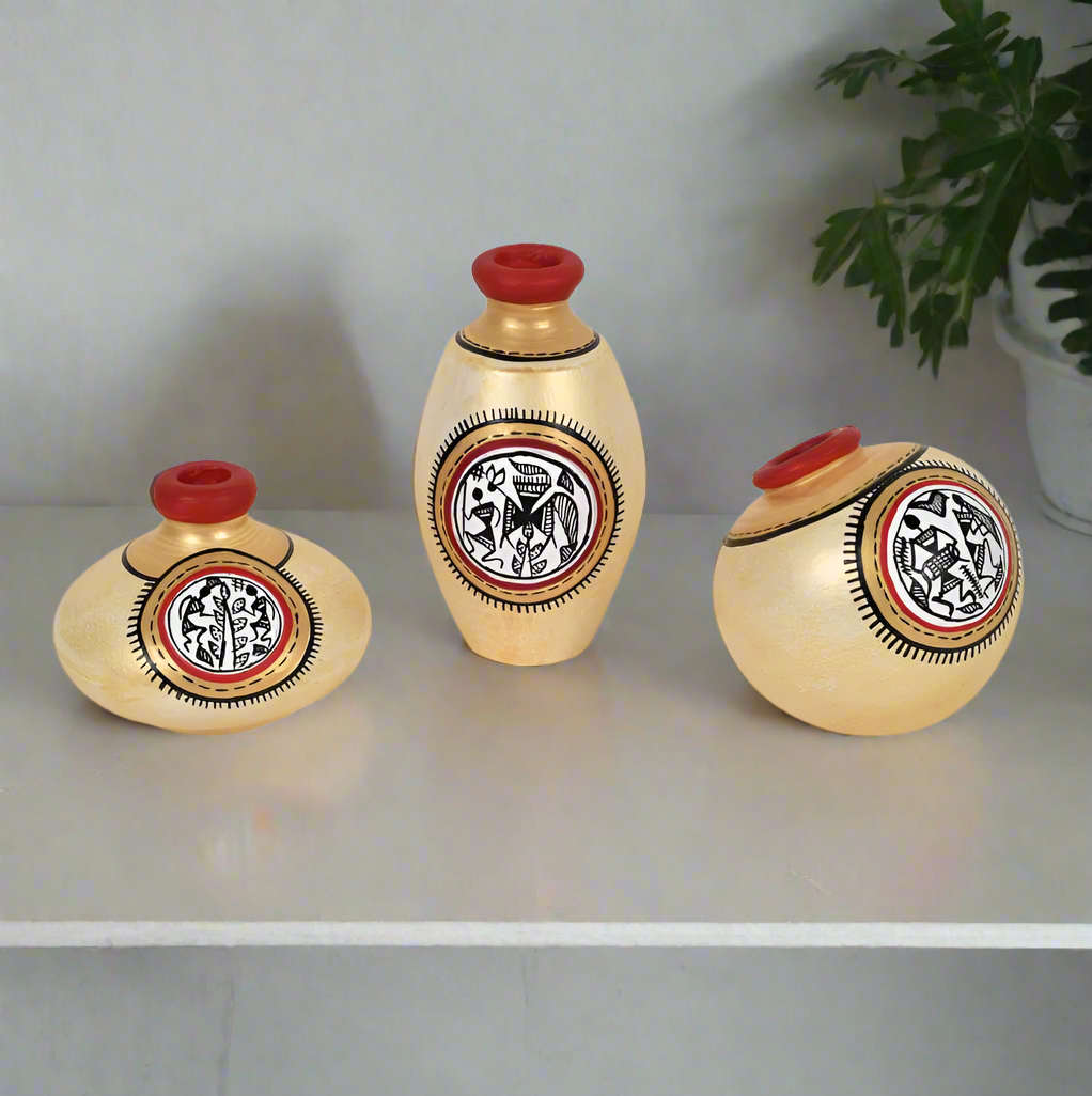 Fine Warli Pots Set Of 3 With Various Design & Colors Exclusively From Tamrapatra