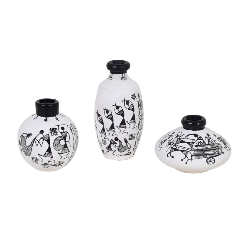Fine Warli Pots Set Of 3 With Various Design & Colors Exclusively From Tamrapatra