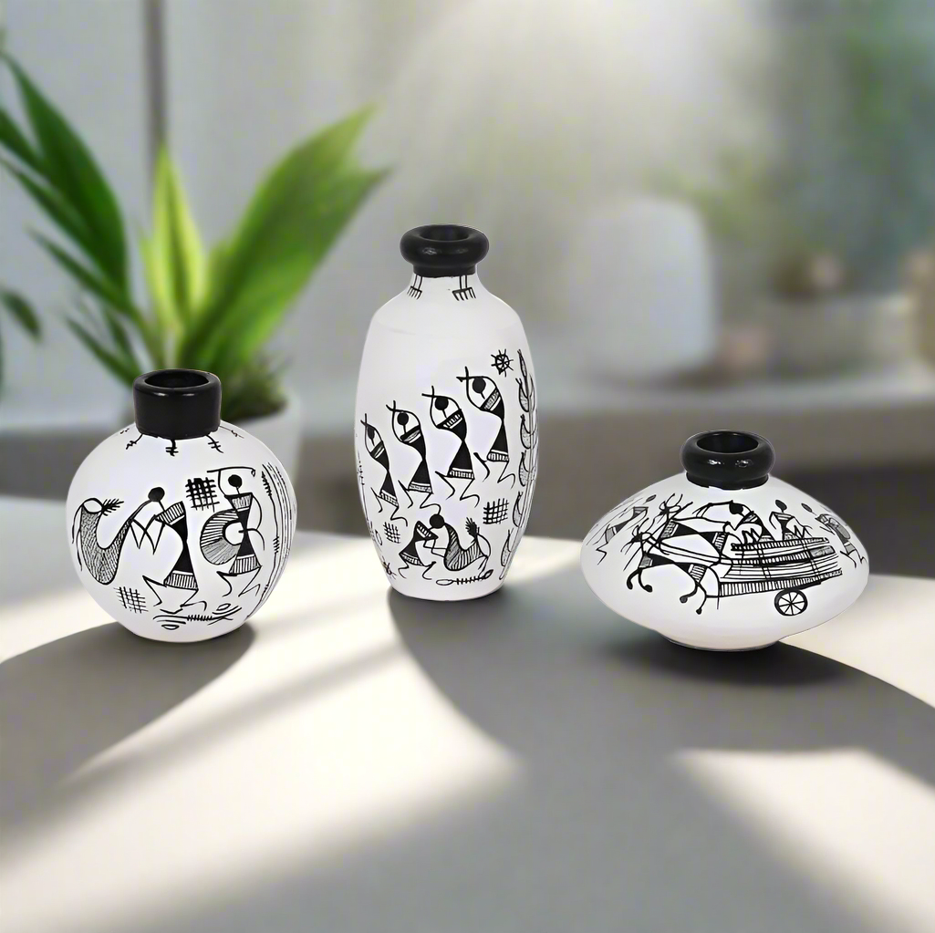Fine Warli Pots Set Of 3 With Various Design & Colors Exclusively From Tamrapatra