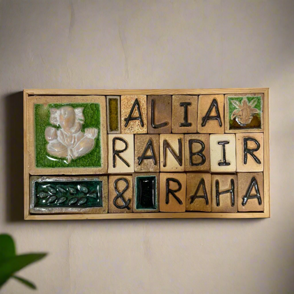 Ceramic Name Plates Wooden Frame Handcrafted Triple Design By Tamrapatra