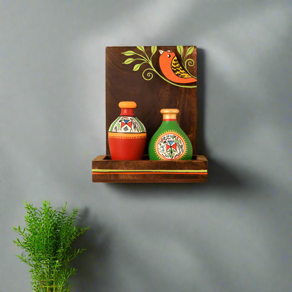 Wall Shelf Wooden With 2 Warli Pots Bird Hand Painting Artistic By Tamrapatra