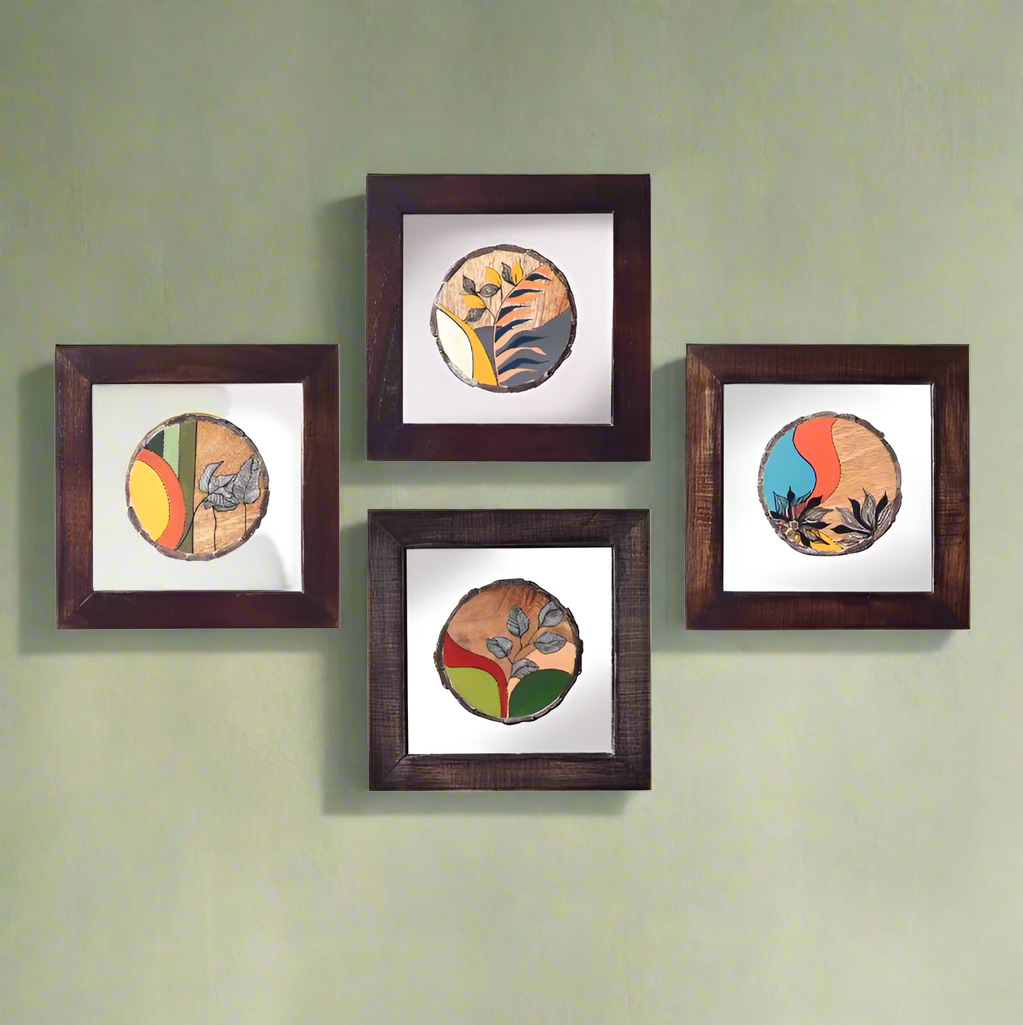 Hand Paintings In Frame With Glass On Wood Various Designs Set of 4 By Tamrapatra