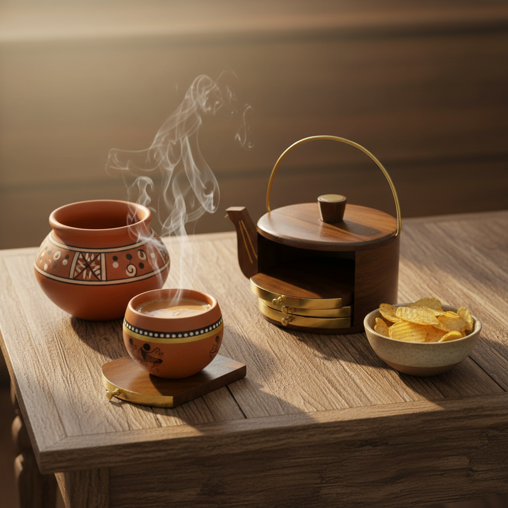 A styled tabletop scene with a wooden teapot, two terracotta-style cups with decorative patterns, a bowl of potato chips, and visible steam rising from the cups on a wooden table.