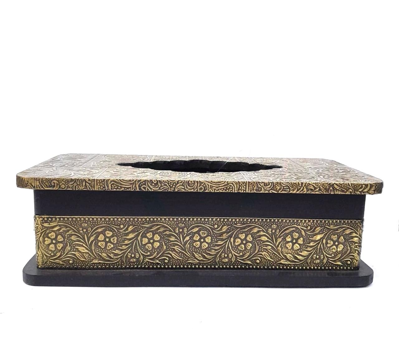 Brass Design Wooden Handicrafts Napkin Stand Antique Finish From Tamrapatra