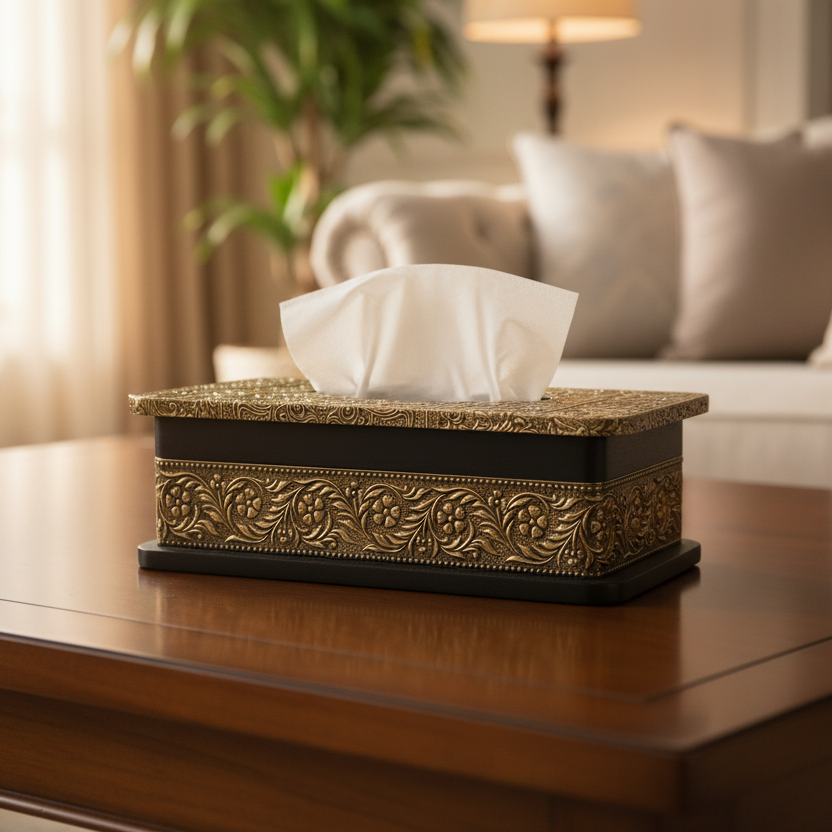 Brass Design Wooden Handicrafts Napkin Stand Antique Finish From Tamrapatra - Tamrapatra