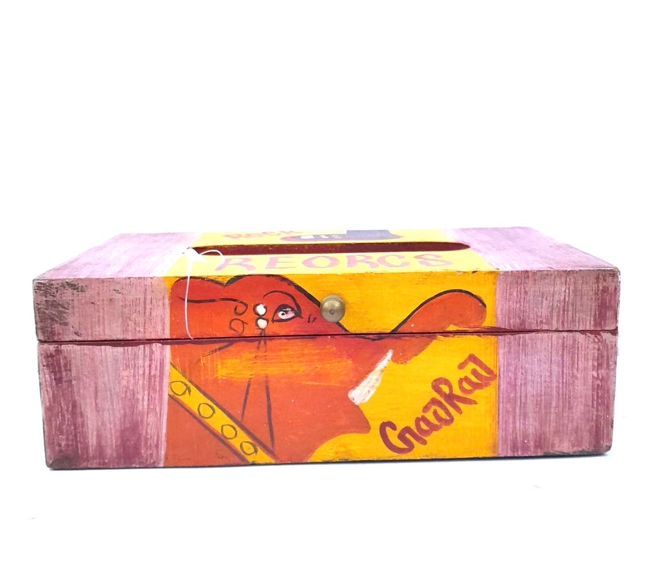 Modern Finish Style Hand Painted Elephant Wooden Napkin Holder By Tamrapatra