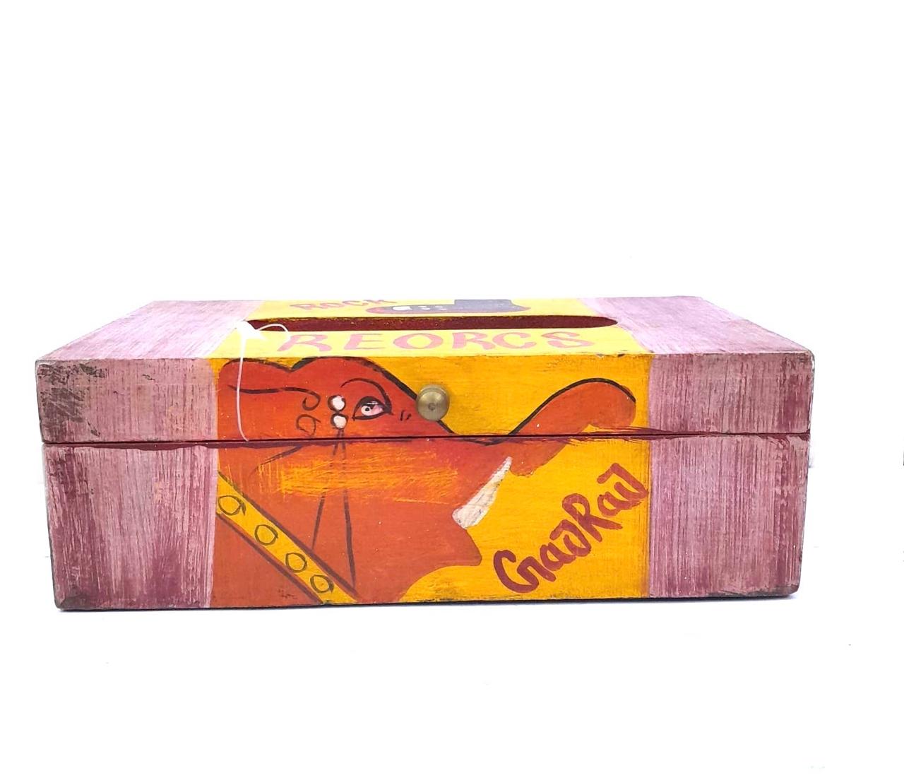 Modern Finish Style Hand Painted Elephant Wooden Napkin Holder By Tamrapatra